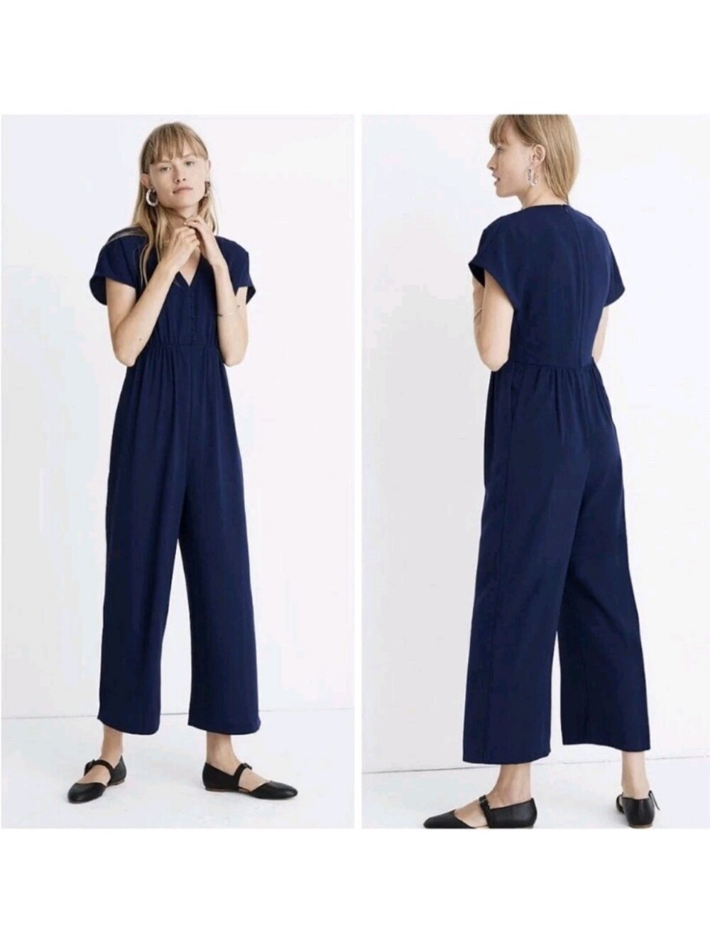 Madewell Navy V-Neck Blue Cropped Wide Leg Jumpsuit
